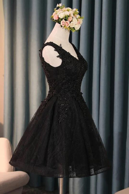 a line v neck little black homecoming dresses with lace up