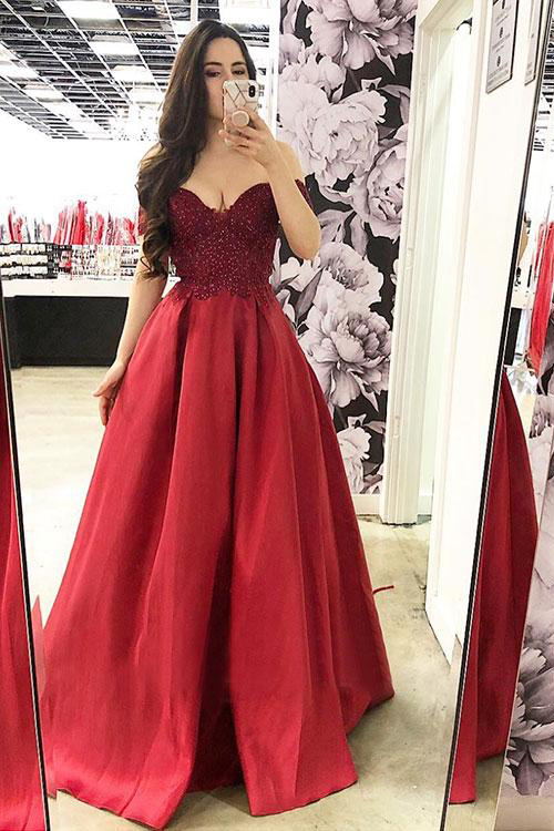 burgundy lace bodice satin long prom dress off shoulder evening dress