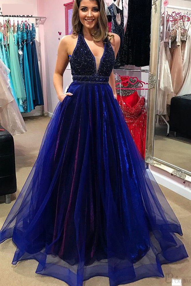 organza a line beading v neck royal blue prom dress with pockets