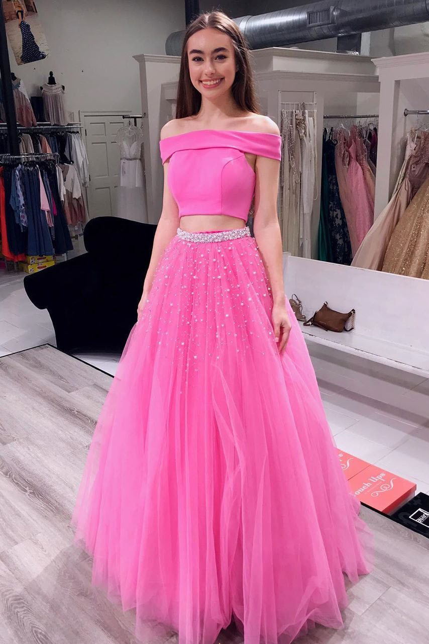 off shoulder two piece tulle pink teens prom dresses with beaded