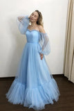 tulle sweetheart a line prom dresses with long sleeves