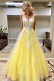 Princess v neck daffodil tulle long prom dresses with lace appliques mg157