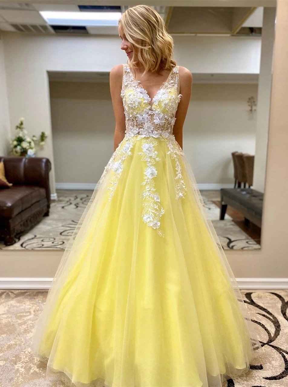 Princess v neck daffodil tulle long prom dresses with lace appliques mg157