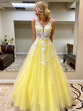 Princess v neck daffodil tulle long prom dresses with lace appliques mg157