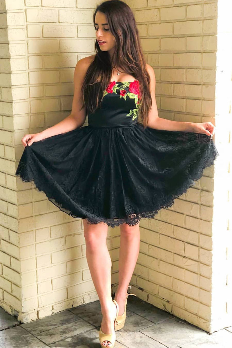 strapless black lace homecoming party dresses with floral embroidery