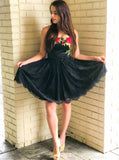 strapless black lace homecoming party dresses with floral embroidery