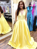 A Line V Neck Long Yellow Prom Dress with Flower Straps, Formal Evening Dresses MG187