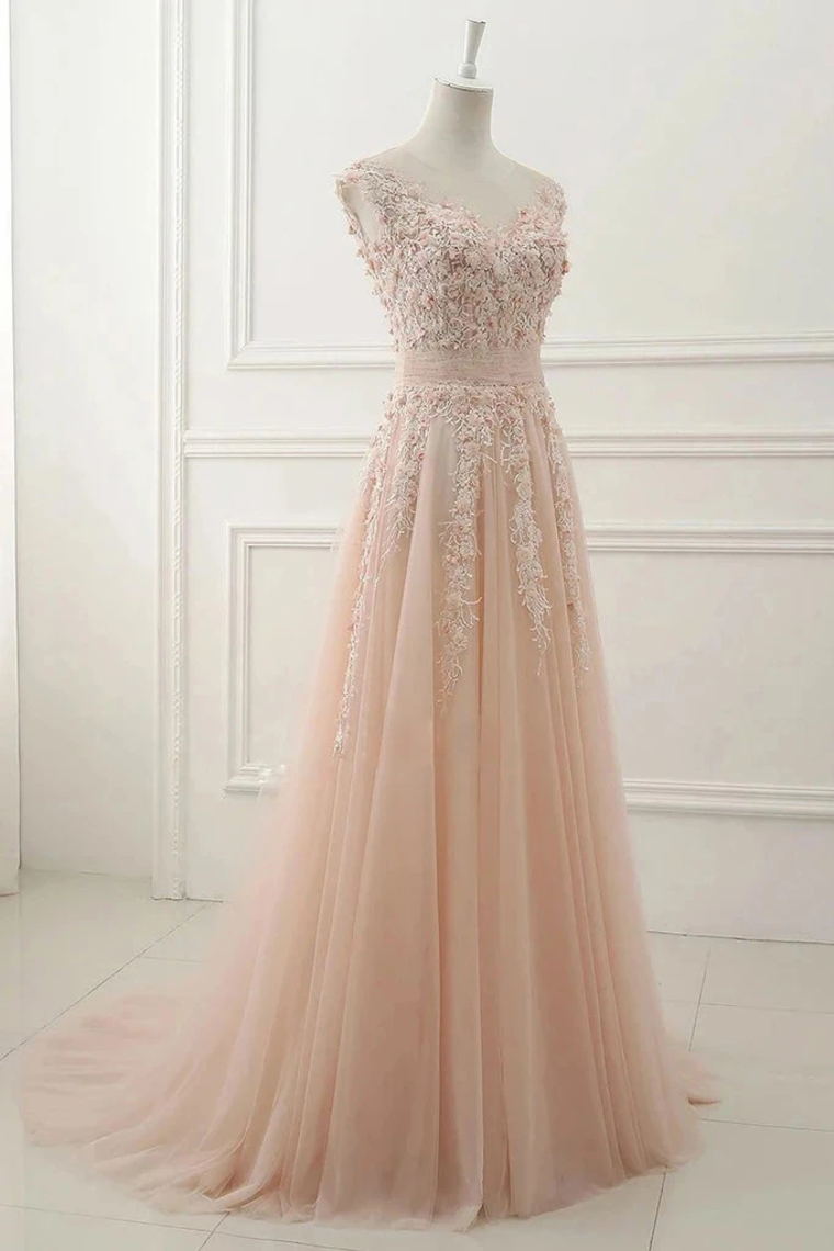 a line sheer neck cap sleeves tulle prom dresses with appliques