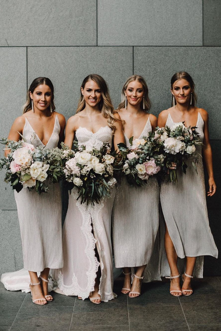 Slinky Slip Ankle Length Bridesmaid Dresses, Low Back Wedding Party Dress PB44