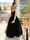 A Line Black Prom Dresses Deep V-Neck Formal Party Evening Gowns MP73