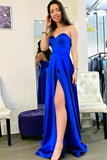Simple royal blue long prom dresses, satin sweetheart evening dress with split mg25