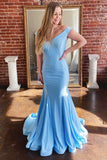 Blue Satin Long Prom Dresses V-neck Mermaid Formal Dress MG19
