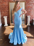 Blue satin long prom dresses v-neck mermaid formal dress mg19