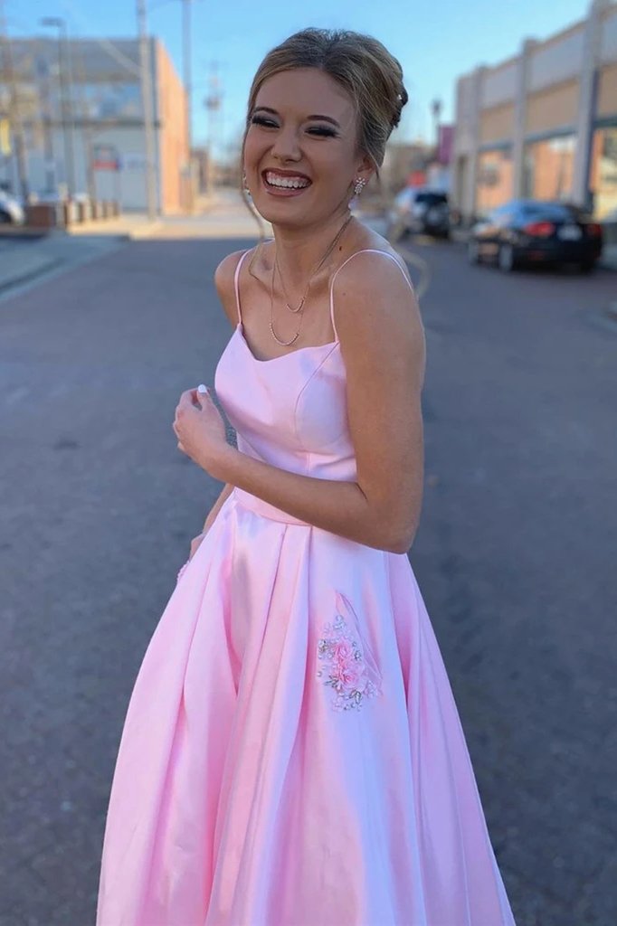 Satin pink prom dress with appliques pockets, long formal evening dresses mg14