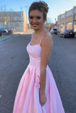 Satin pink prom dress with appliques pockets, long formal evening dresses mg14