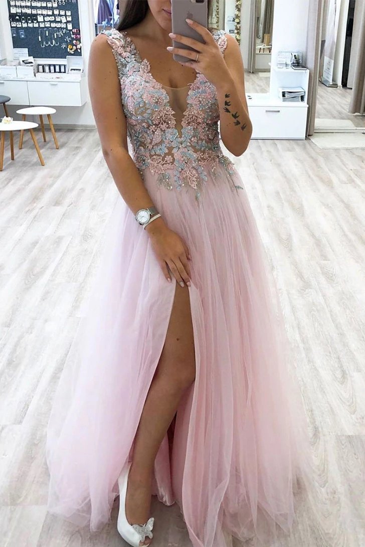 A-line V-neck Tulle Long Prom Dress, Slit Evening Dress With Appliques MP156