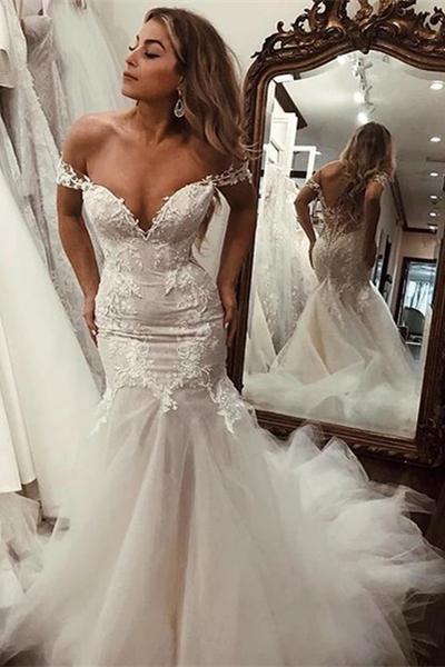 Stunning Off Shoulder Mermaid Lace Applique Wedding Dresses With Tulle Skirt PW132