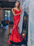 Spaghetti-straps Mermaid Sequin Red Long Prom Evening Dresses MP164