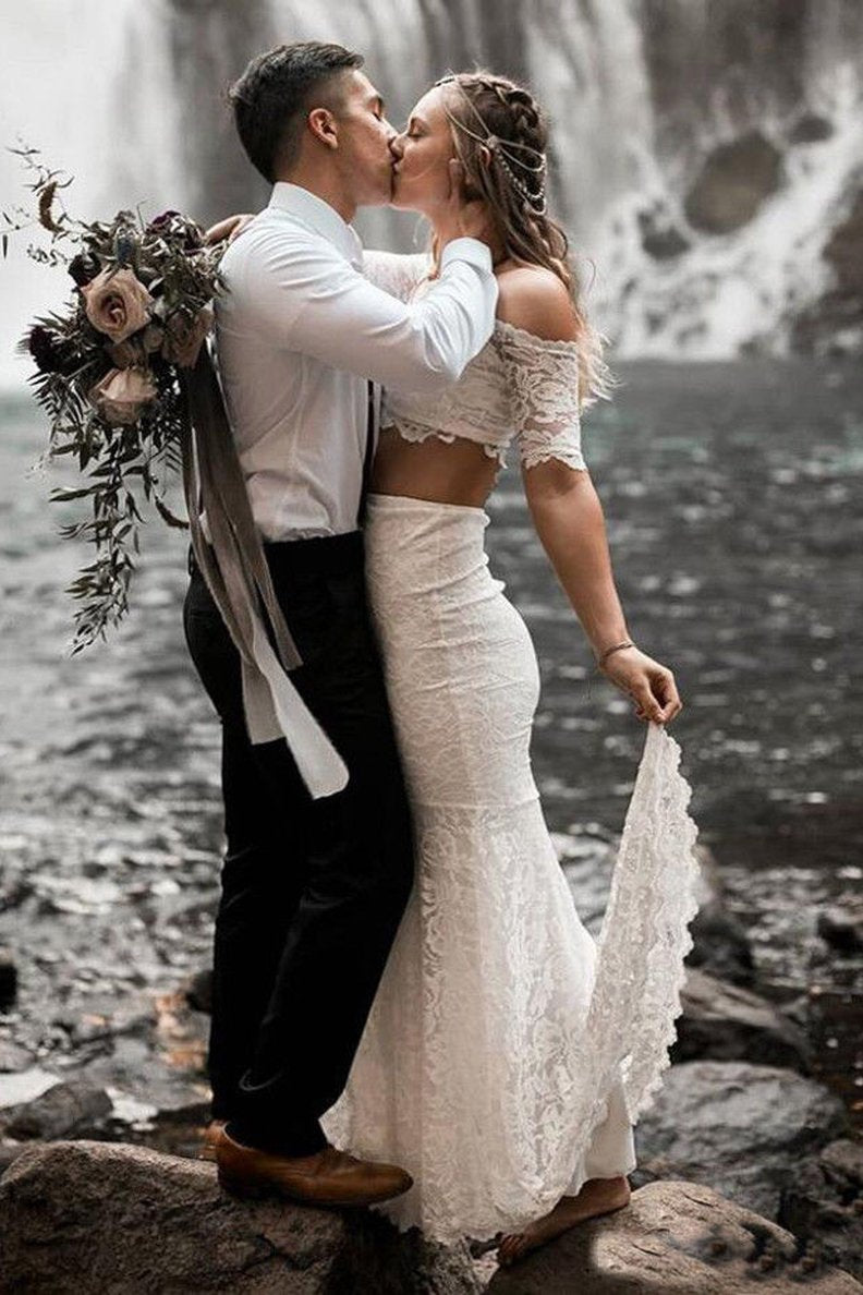 Mermaid Lace Two Piece Wedding Dresses With Short Sleeves PW07