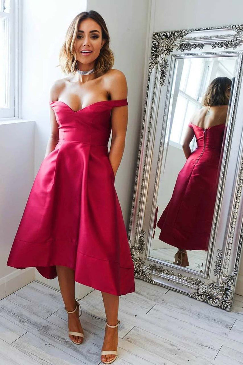 off shoulder high low short prom dress with pockets