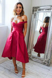 off shoulder high low short prom dress with pockets