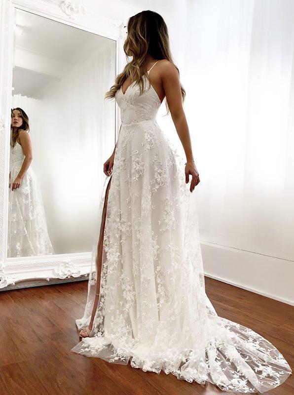 lace beach wedding dresses v neck backless bridal gown with split