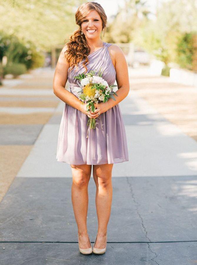 One-shoulder above-knee lavender chiffon bridesmaid dress gb373