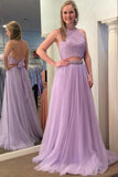 halter backless lilac two piece prom dress with beading