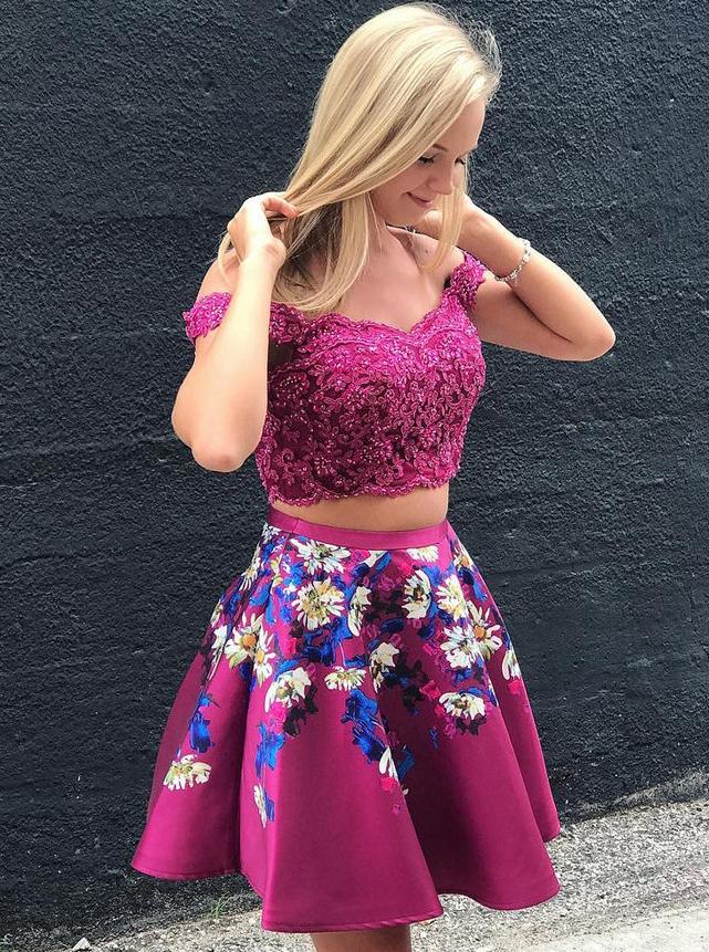 off shoulder lace applique two piece homecoming dresses floral print short prom dress