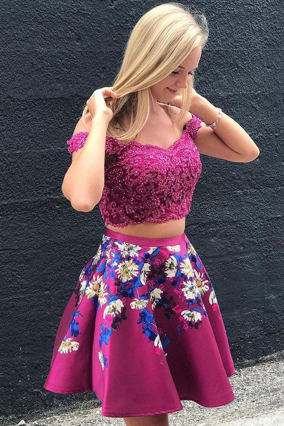 off shoulder lace applique two piece homecoming dresses floral print short prom dress