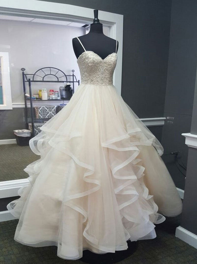 light champagne tulle lace tiered wedding dress with spaghetti straps