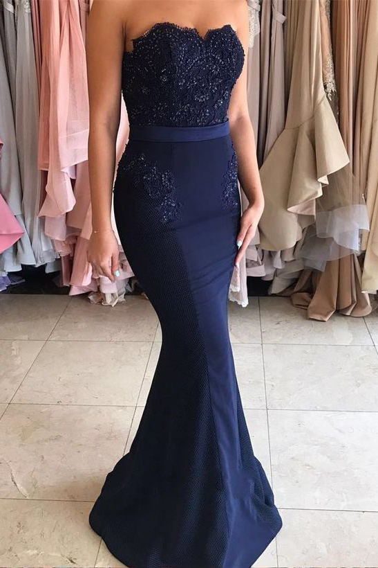 sweetheart lace appliques mermaid prom dresses navy long bridesmaid dress