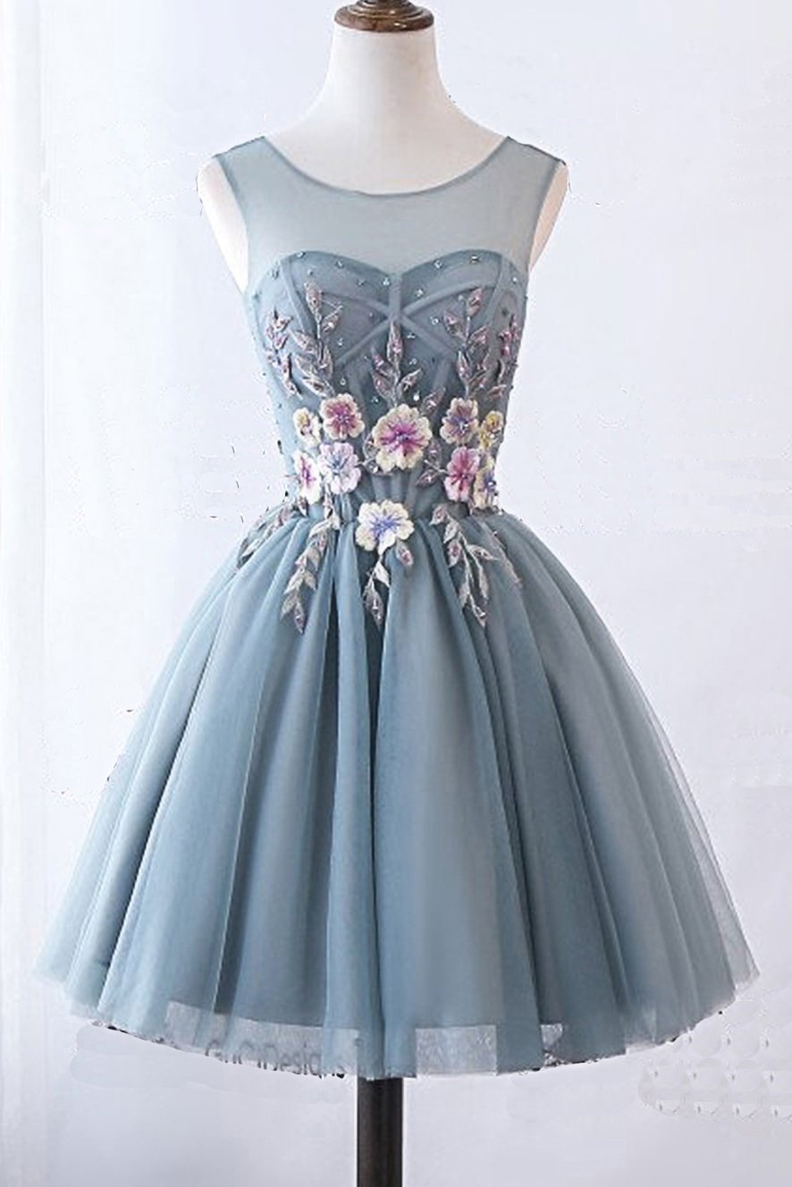 Illusion Round Neckline Grey Tulle Homecoming Dresses With Appliques GM12