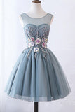 Illusion Round Neckline Grey Tulle Homecoming Dresses With Appliques GM12