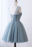 Illusion Round Neckline Grey Tulle Homecoming Dresses With Appliques GM12