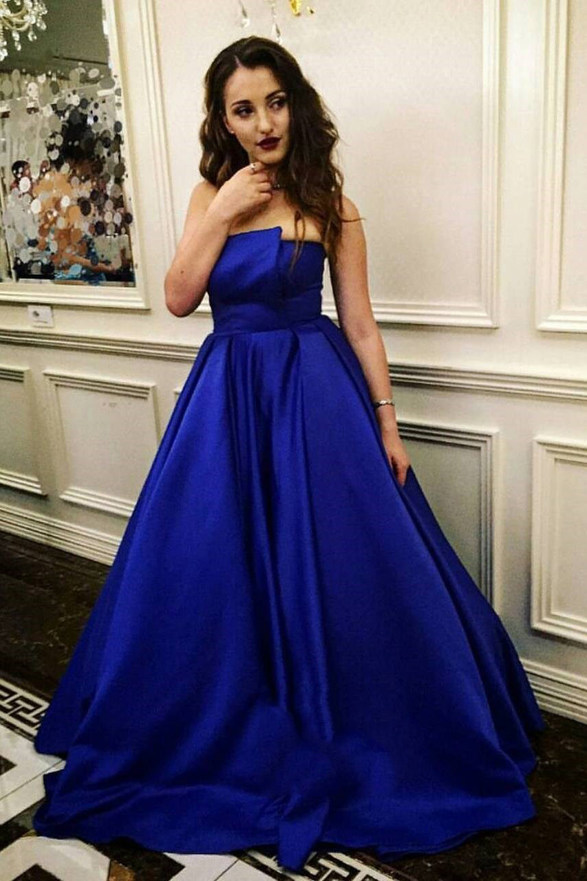 strapless royal blue satin long prom dress plus size formal gown