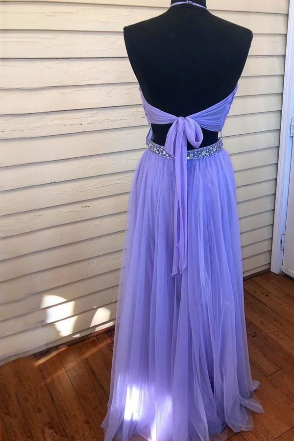 halter backless lilac two piece prom dress with beading