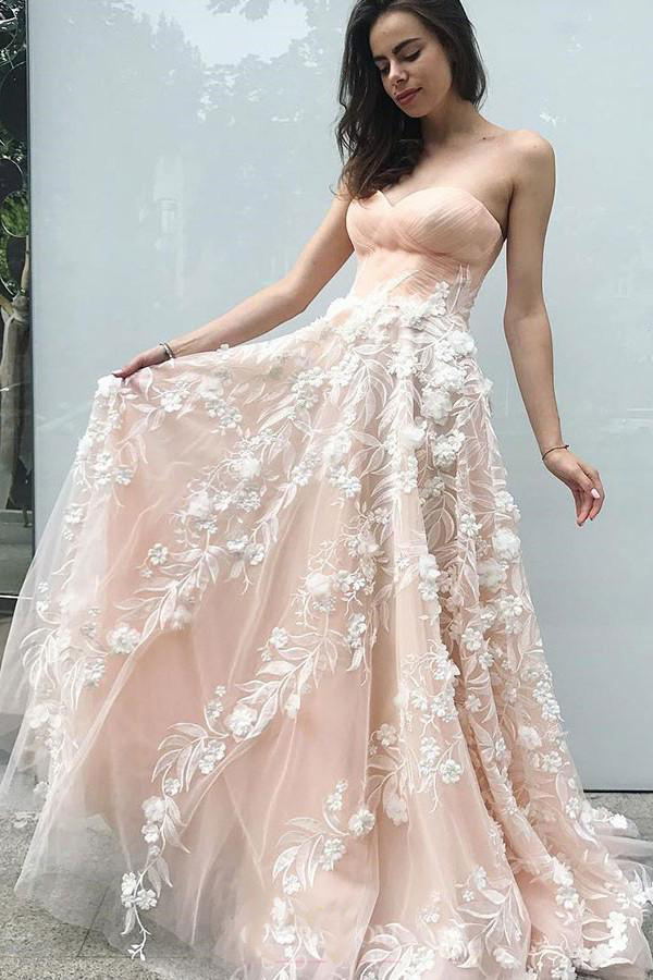 elegant sweetheart blush pink tulle long prom dresses with appliques