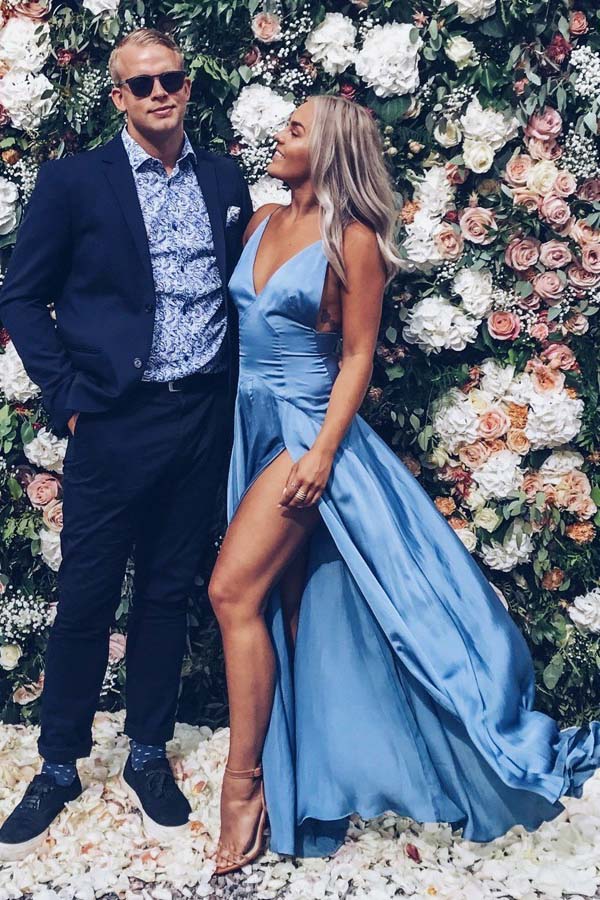 simple a line v neck blue long prom dress slit evening dress