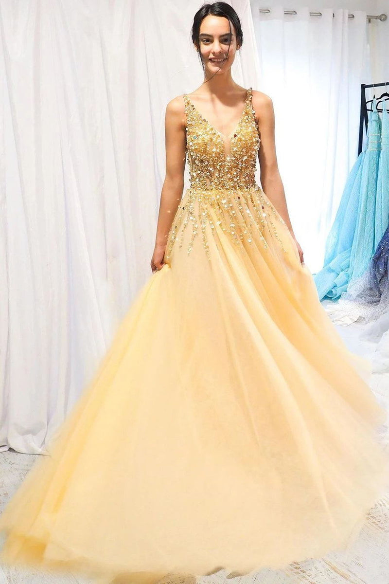 Yellow Sequin Beaded Long Prom Dress, Tulle V-neck Graduation Dress MP121