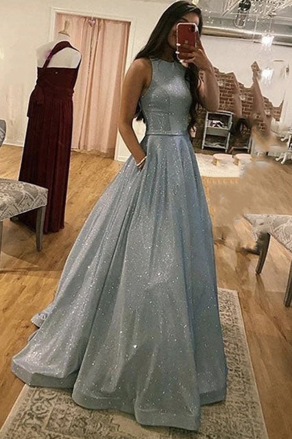 sparkly silver prom dress a line bateau with pockets long pageant dress
