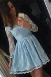 blue a line v neck long sleeve short lace homecoming dress