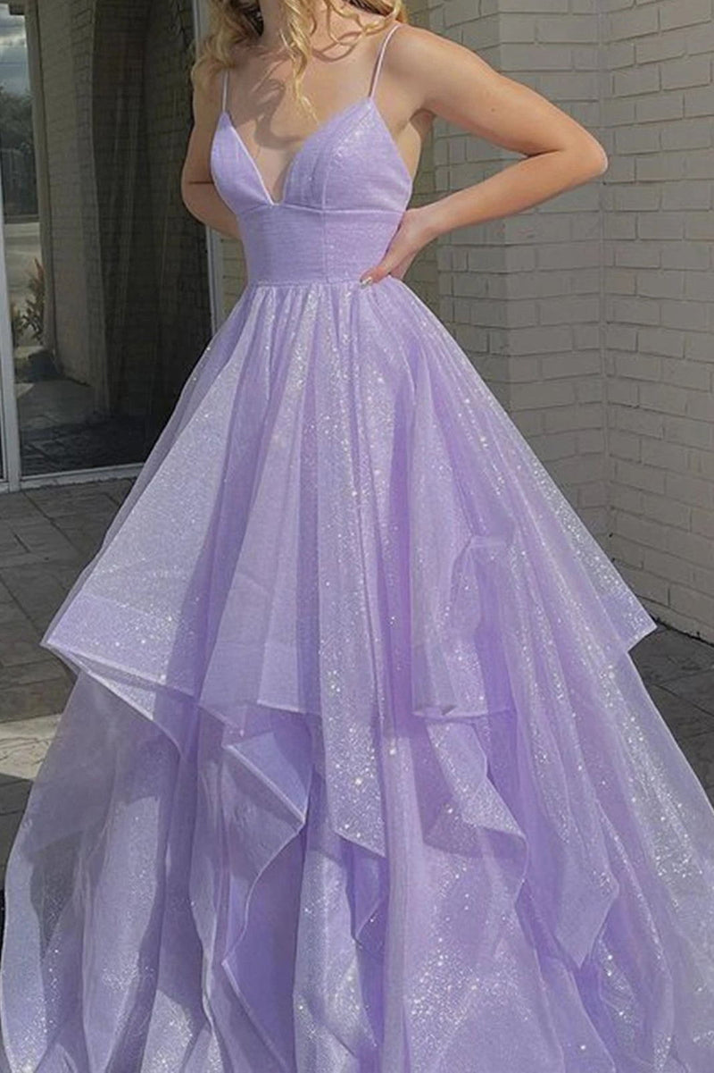 lilac sparkly prom dresses long v neck formal evening dresses