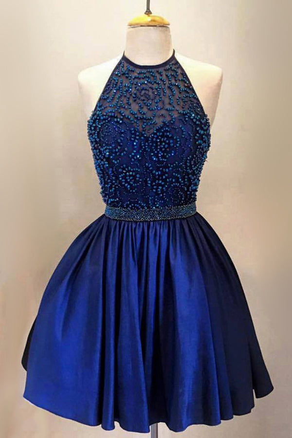 halter satin short homecoming dress royal blue homecoming dress with beads