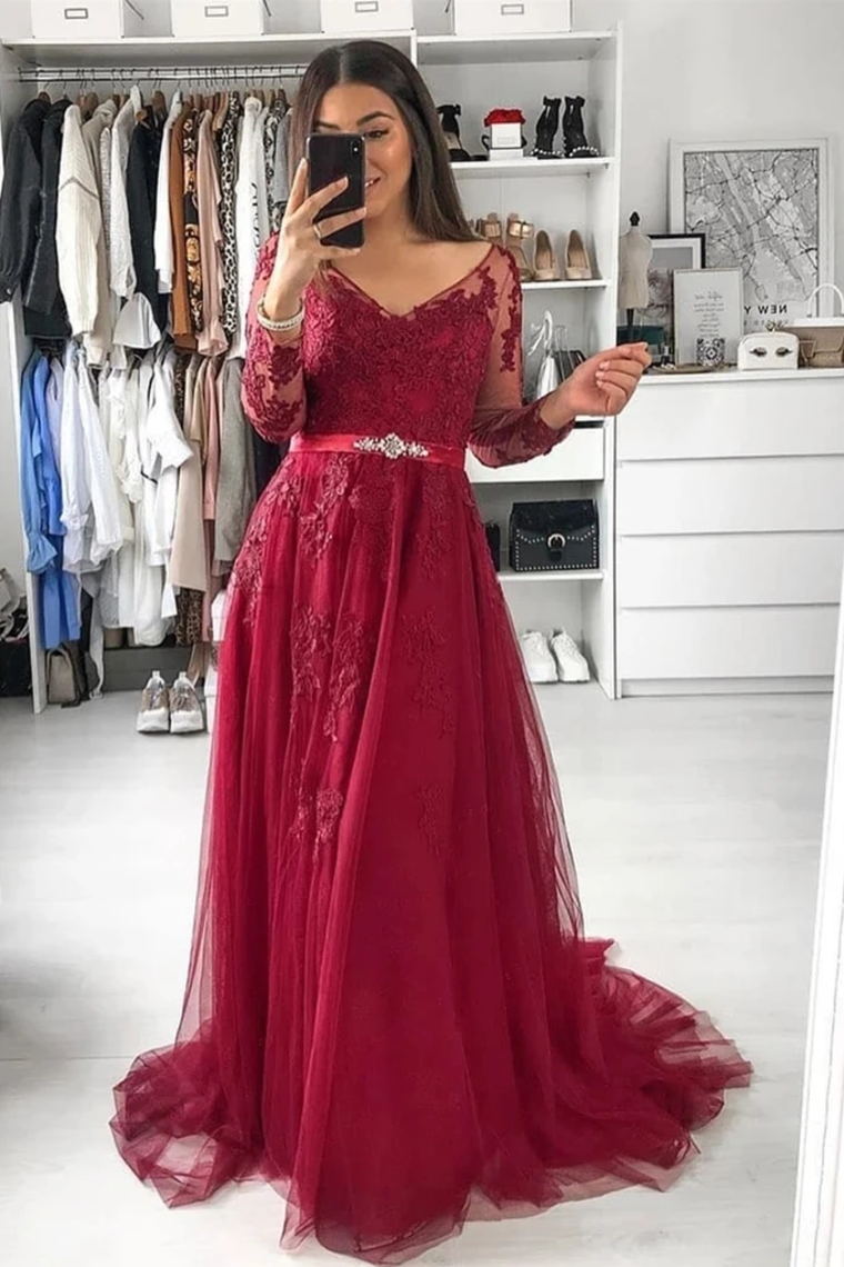 long sleeves a line tulle burgundy prom dress with appliques