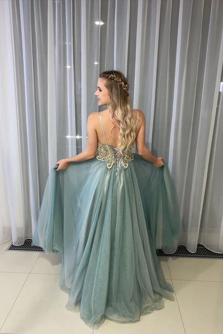 a line tulle long prom dress beading bodice with spaghetti straps