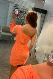 one shoulder sleeve tight short prom dresses hot pink homecoming dress