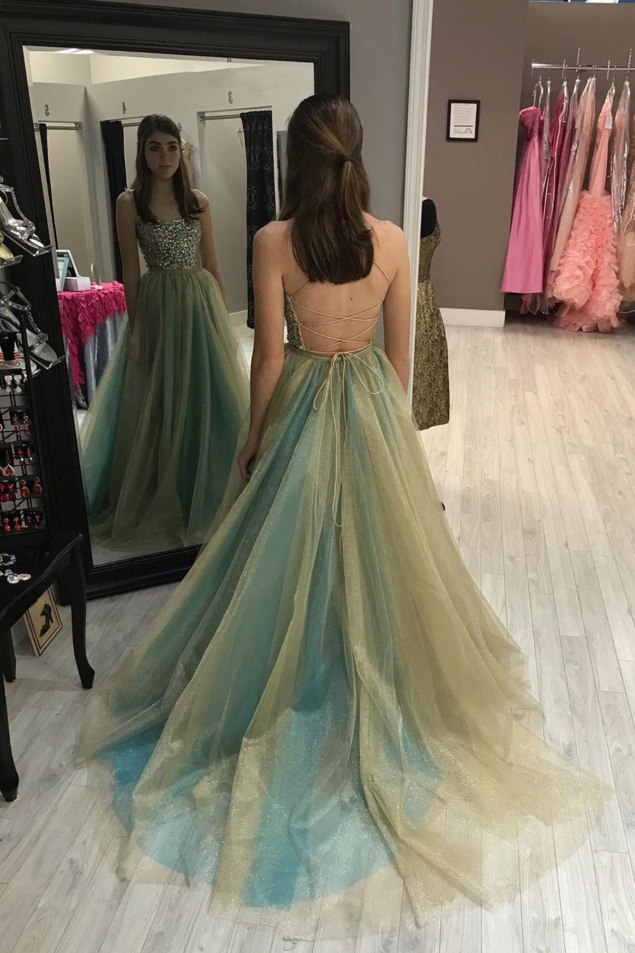 strapless beading long prom dress tulle spaghetti backless formal gown
