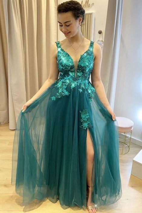 teal tulle long prom dress with appliques floor length evening dress