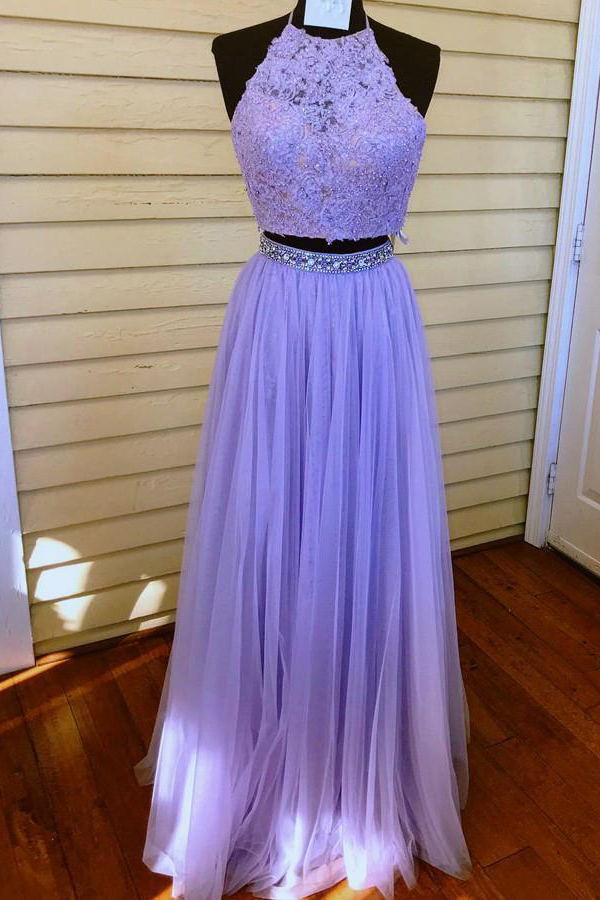 halter backless lilac two piece prom dress with beading